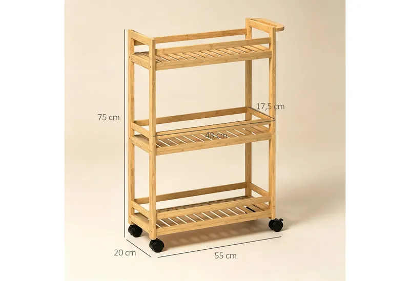 HOMCOM HOMCOM Servierwagen Küchenwagen mit 3 Ebenen, Rollen, Griff aus Bambus Rollwagen, (Aufbewahrungswagen, 1 St., Küchenwagen), für Büro, Wohnzimmer, Küche, 55 x 20 x 75 cm, Beige, – Produktbild 3 von 5