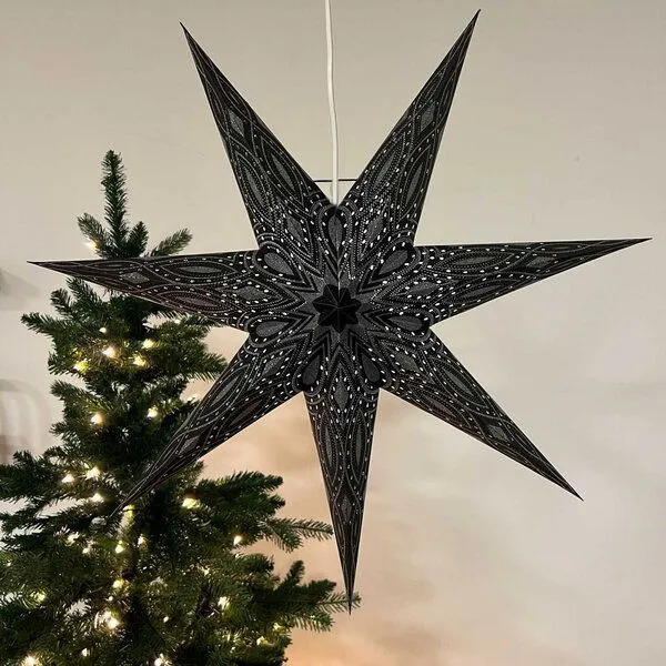 MoreThanHip MoreThanHip Weihnachtsstern aus Papier Ø60 cm inkl. Beleuchtungskabel - Nova, Schwarz mit silbernem glitter, – Produktbild 1 von 4