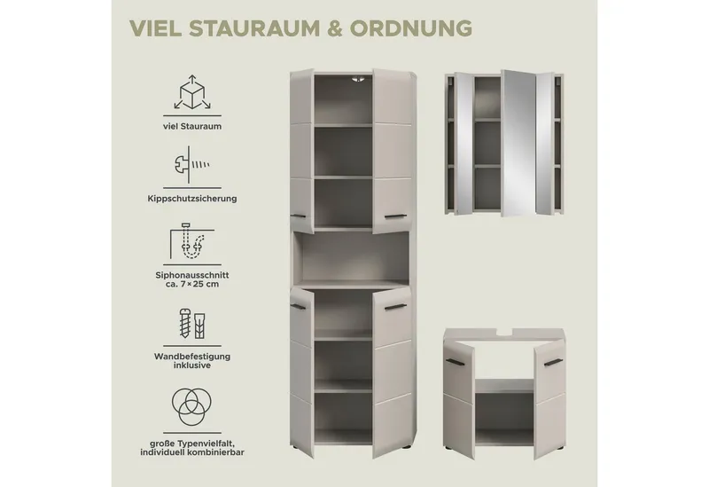 welltime Badmöbel-Set FLORENZ, 3-teilige Badkombination, hochwertige MDF-Front, (Set, 3-St., best. aus: 1 Hochschrank, 1Waschbeckenunterschrank, 1 Spiegelschrank), Bad-Kombination, Bad-Möbel, Badezimmer, Kombination, Kombi, Beige, – Produktbild 4 von 4