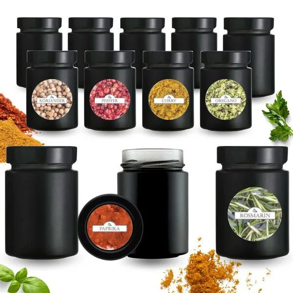 mikken mikken 12 Gewürzgläser 190 ml schwarz mit Deckel und 24 Gewürzetiketten – Produktbild 2 von 6