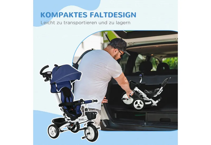 HOMCOM HOMCOM 6 in 1 Dreirad mit Schubstange, Kinderdreirad mit Sicherheitsgurt Blau – Produktbild 6 von 6
