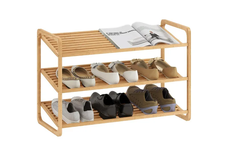 HOMCOM HOMCOM Standregal 3-stöckiges Schuhregal aus Bambus, freistehendes Aufbewahrungsregal für 12 Paar Schuhe 1-tlg., Schuhregalständer für Flur, Wohnzimmer, 76 x 33 x 50,8 cm, Beige, – Produktbild 1 von 5
