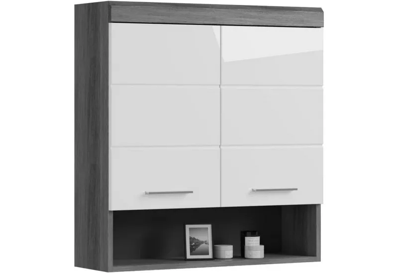 furnling Hängeschrank Scott 2 Türen, 1 offenes Fach, Stauraum, Badmöbel, Badschrank, 74 cm breit, Grau|silberfarben, – Produktbild 1 von 5