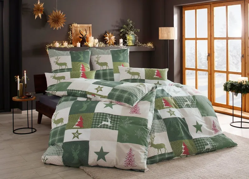 OTTO home Bettwäsche Nicholas, Linon, 2 teilig, Weihnachtsbettwäsche, Winter, in 3 Qualitäten verfügbar, Grün, – Produktbild 1 von 8