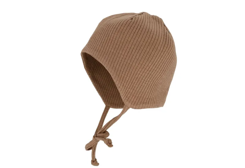 Maximo Maximo Jerseymütze BABY-Mütze, Ripp-Jersey ausgenäht, doppellagig, Bindeband (1-St) Baumwolljersey, Braun, – Produktbild 1 von 2