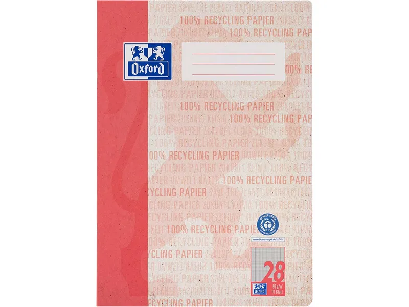 OXFORD OXFORD Recycling-Schulheft A4, 16 Blatt, Lineatur 28 (kar. m. Rand links + rechts), 90g/m² – Produktbild 1 von 1