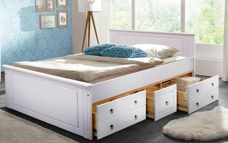OTTO home Massivholzbett Hugo, FSC® zertifiziert, Landhausstil, zeitlos und edel (auch als Super Sparset inklusive Schubkästen), Stauraumbett, extra belastbar, Made in EU, viele Breiten, Weiß, – Produktbild 1 von 8