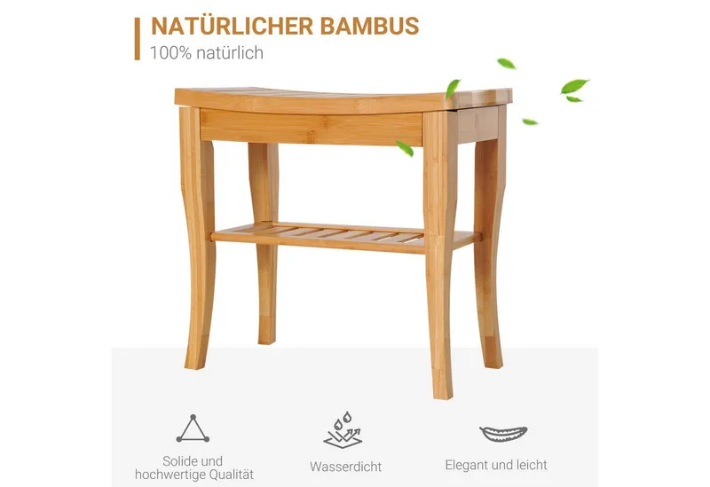 HOMCOM HOMCOM Dusch- und Badhocker Badhocker mit Ablage Duschsitz Duschstuhl Badstuhl Badregal, belastbar bis 130 kg, aus Bambus Natur 47,5 x 26 x 44,5 cm, Beige, – Produktbild 4 von 5