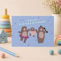Bow & Hummingbird Bow & Hummingbird Karte zur Geburt „Hallo kleines Wunder“ – Baby Karte Junge mit Bären, blaue Glückwunschkarte zur Geburt – Produktbild 1 von 1