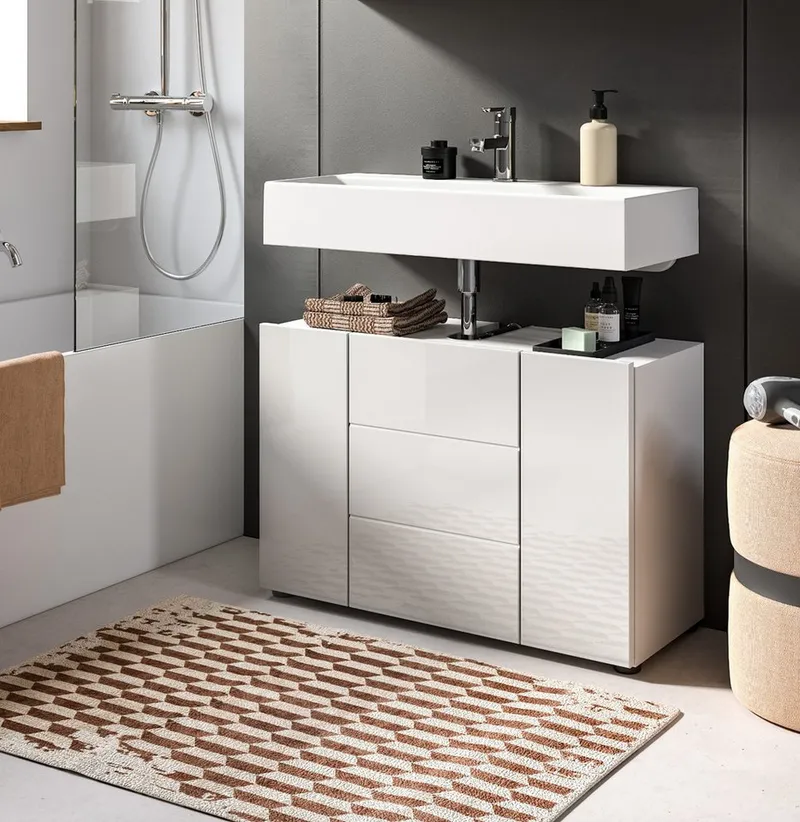 Inn.Furn Waschbeckenunterschrank Larik (Badschrank in Weiß Hochglanz, Breite 80 cm) mit 4 Fächern, Weiß, – Produktbild 4 von 5