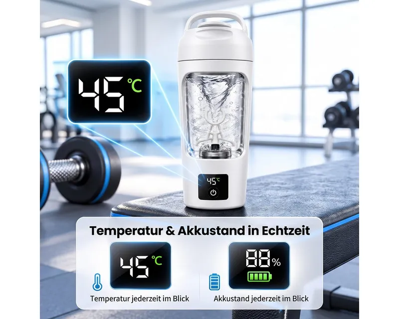 Vashoy Elektrischer Shaker 700 ML Shaker mit Pulverfach, BPA-frei, USB-C, LED-Temperaturanzeige, 7,4 W, Eiweiß Shaker Elektrisch für Potein Pulver und Milchshake, Led weiß, – Produktbild 2 von 5
