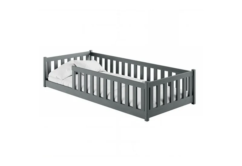 Kids Collective Kinderbett Bodenbett Bett mit Rausfallschutz & Lattenrost Montessori Bett Kinder (Jungen, Mädchen, Kinder, weitere Größen 80x160, 80x180, 90x190, 120x200, 140x200 cm), Jugendbett Gitterbett Einzelbett, Graphit Kiefer 90x200 cm, Grau, – Produktbild 2 von 5
