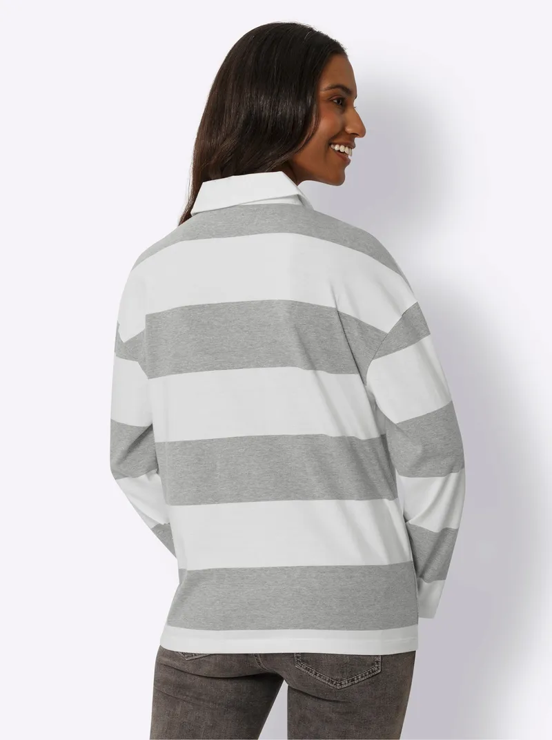 heine Langarm-Poloshirt grau-ecru-bedruckt, Grau-ecru-bedruckt, – Produktbild 1 von 3