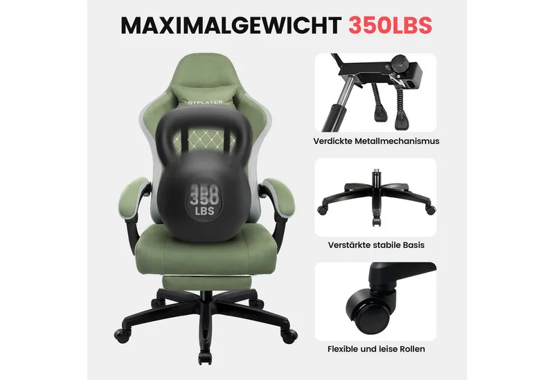 GTPLAYER Gaming-Stuhl Gaming Stuhl Stoff, Gaming Sessel mit Taschenfederkissen, Drehstuhl, Gamer Stuhl mit Fußstütze150 kg, Grün, – Produktbild 3 von 5