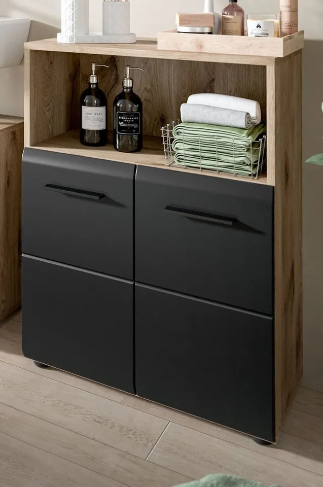 Inn.Furn Badkommode Cover (Badschrank in Schwarz und Eiche, 2-türig, 60 x 80 cm), mit viel Stauraum, Schwarz, – Produktbild 2 von 5