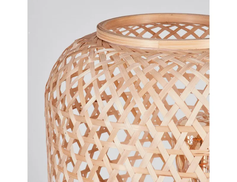 hofstein Tischleuchte moderne Boho Tischlampe aus Metall/Bambus in Schwarz/Natur, ohne Leuchtmittel, Schirm in Gitter-Optik, An-/Ausschalter, 2 x E27, ohne Leuchtmittel, Beige, – Produktbild 3 von 5