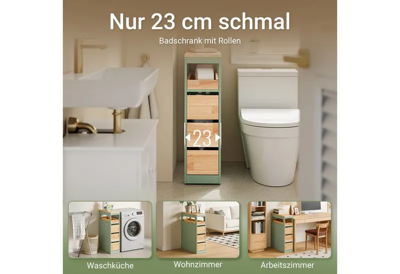 SoBuy Beistellwagen BZR54, Badezimmerschrank mit Rollen, Badschrank schmal, Kommode, Küchenwagen schmal Nischenwagen Badezimmerregal mit Rädern, ausziehbar, Grün, – Produktbild 5 von 5
