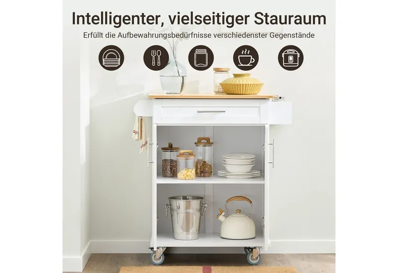 SoBuy Küchenwagen FKW13, Servierwagen mit Arbeitsplatte Küchenwagen auf Rollen, Kücheninsel, Rollwagen Küche mit Stauraum, Küchenregal, Grilltisch, Weiß, – Produktbild 2 von 5