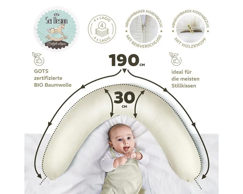 SEI Design Stillkissenbezüge Bezüg für Stillkissen Lagerungskissen Seitenschläferkissen 190x30 cm, 100% Baumwolle, Beige, – Produktbild 3 von 5