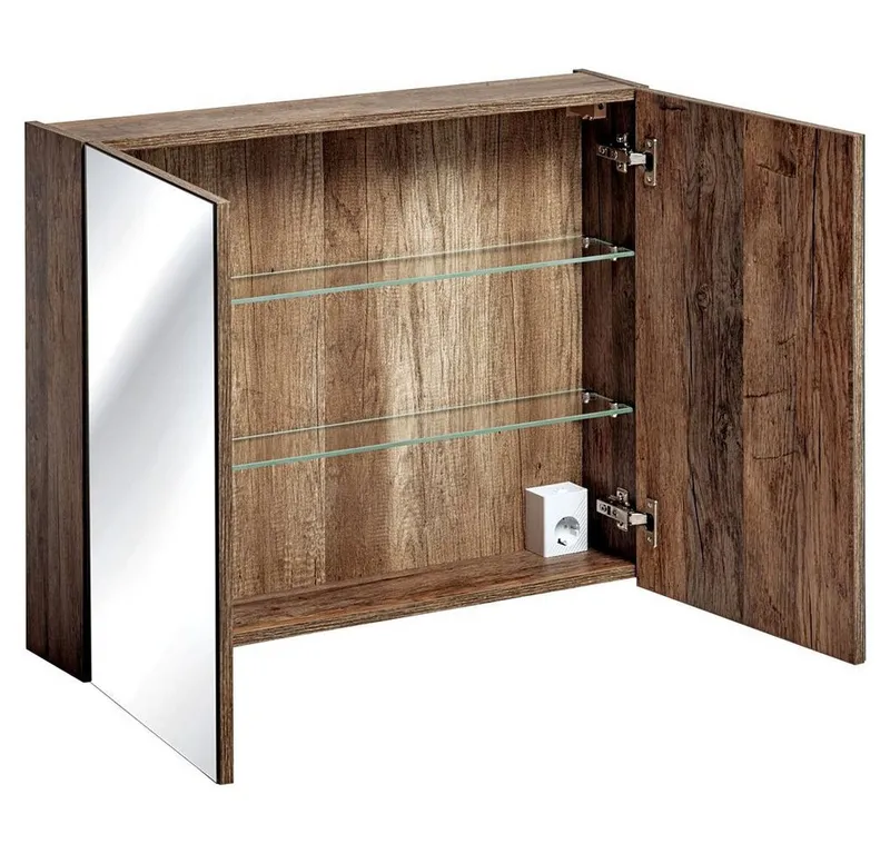 Lomadox Spiegelschrank PUEBLA-56 80 cm mit LED-Beluchtung in Vintage Eiche 2-türig, Braun, – Produktbild 3 von 5