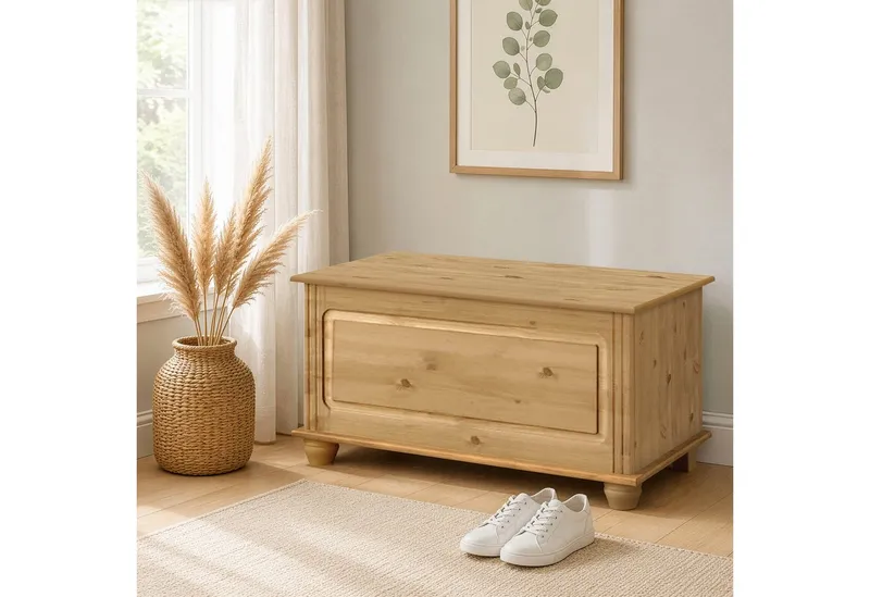 OTTO home Sitztruhe Finca, aus massivem Kiefernholz, 85 x 43 x 45 cm, mit praktischem Stauraum, Beige, – Produktbild 2 von 3