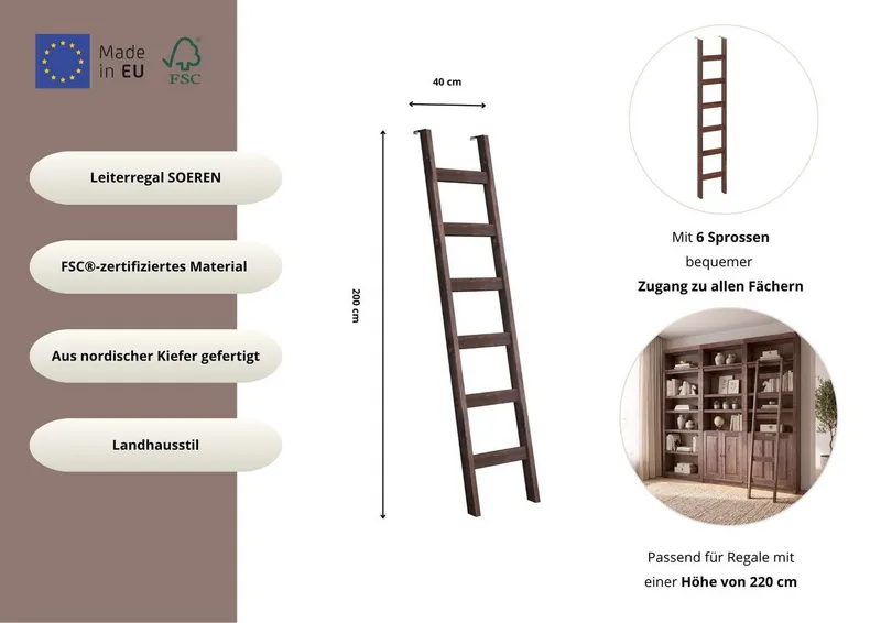 OTTO home Leiterregal Soeren Leiter B/T/H: 40/1,8/190 cm, massive Kiefer, FSC®-zertifiziert, passend für Regal Soeren Höhe 220 cm, funktionales Design, Braun, – Produktbild 3 von 4