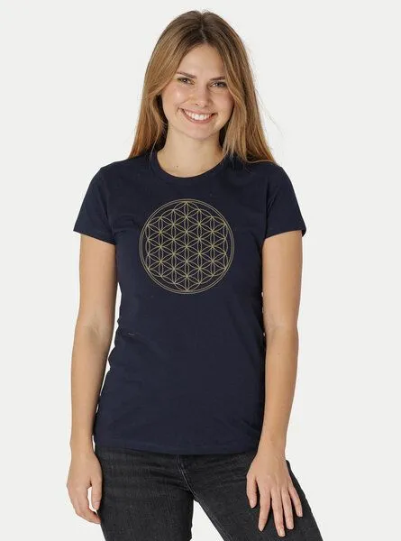 Peaces.bio - handbedruckte Biomode Peaces.bio - handbedruckte Biomode Bio-Damen-T-Shirt Die Blume des Lebens, Blau, – Produktbild 2 von 2