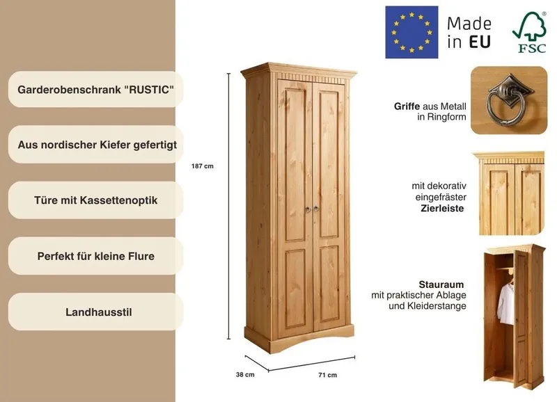 OTTO home Garderobenschrank Rustic, Dielenschrank, Dielenmöbel, Landhausstil (Made in Europe) aus massiver Kiefer, Breite 71 cm, Kassettenoptik, Beige, – Produktbild 4 von 5