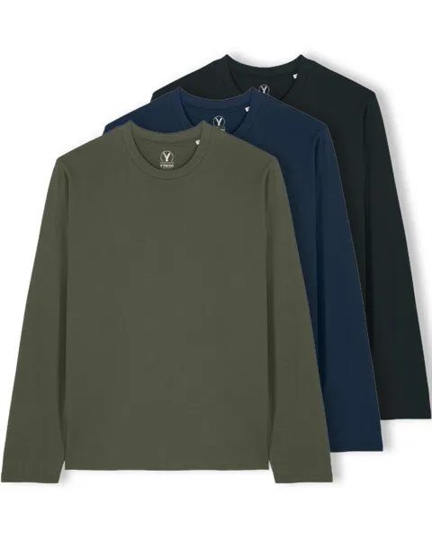YTWOO YTWOO 3er Pack Unisex Basic Langarmshirts aus Bio-Baumwolle | Longsleeve | verschiedene Farbkombi | Mehrfachpack, Navyblau-khaki-schwarz, – Produktbild 1 von 3