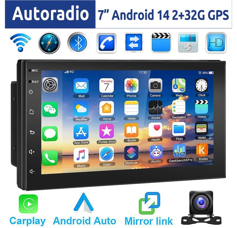 ESSGOO 7 Zoll Doppel 2 DIN Android 14 4+64G Autoradio (Digitalradio (DAB), FM, RDS, FM RDS Bluetooth EQ USB Apple Carplay Android Auto GPS Navi WIFI), Schwarz, – Produktbild 7 von 7
