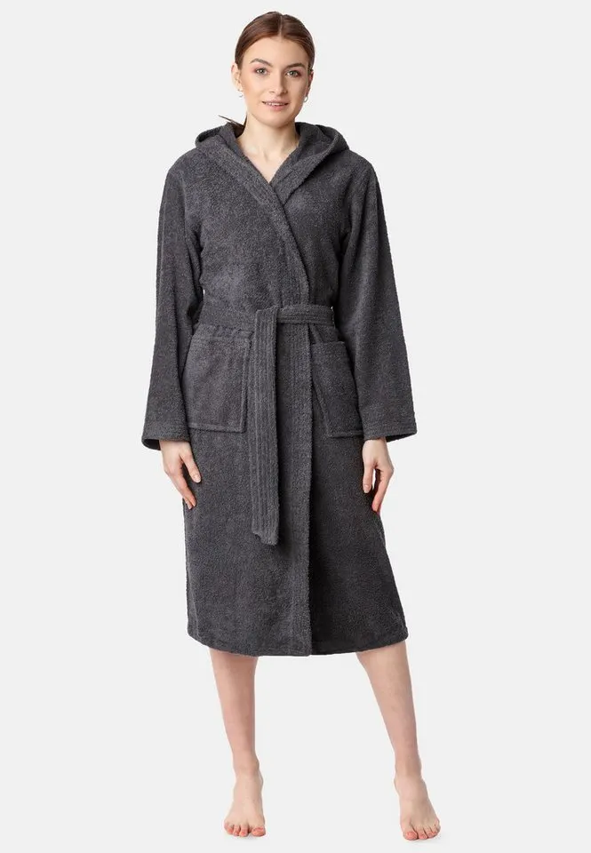 Ladeheid Bademantel Damen Frottee Bademantel aus 100% Bio- Baumwolle LA40-225, Langform, Baumwolle, Kapuze, Grau, – Produktbild 5 von 5