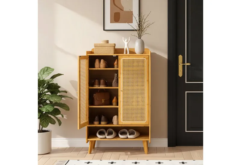 Estiliza Schuhschrank aus Holz mit Rattantüren, 5 Ebenen Bambus Regal (1-St), Beige, – Produktbild 3 von 5