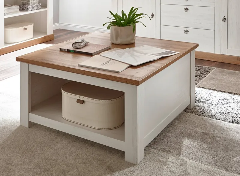 Furn.Design Couchtisch Hemsby (in Pinie weiß mit Wotan Eiche, quadratisch, 95 x 95 cm), mit Truhenfach, Landhausstil, Beige, – Produktbild 5 von 5