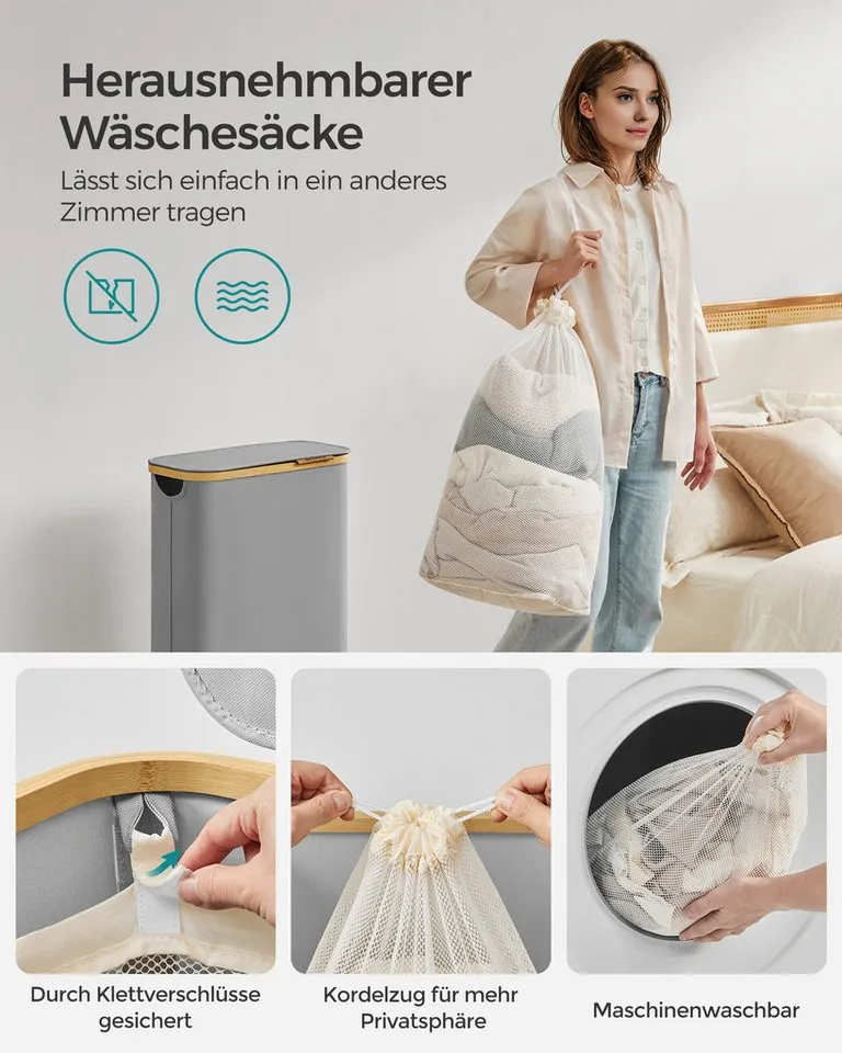 SONGMICS SONGMICS Wäschekorb mit Deckel, herausnehmbarer Einsatz, Bambus‑Rahmen, Oxford‑Gewebe, 65 L, 42 x 22,5 x 70,5 cm, mit Deckel, platzsparend, Griffe aus Bambus, Grau, – Produktbild 5 von 5