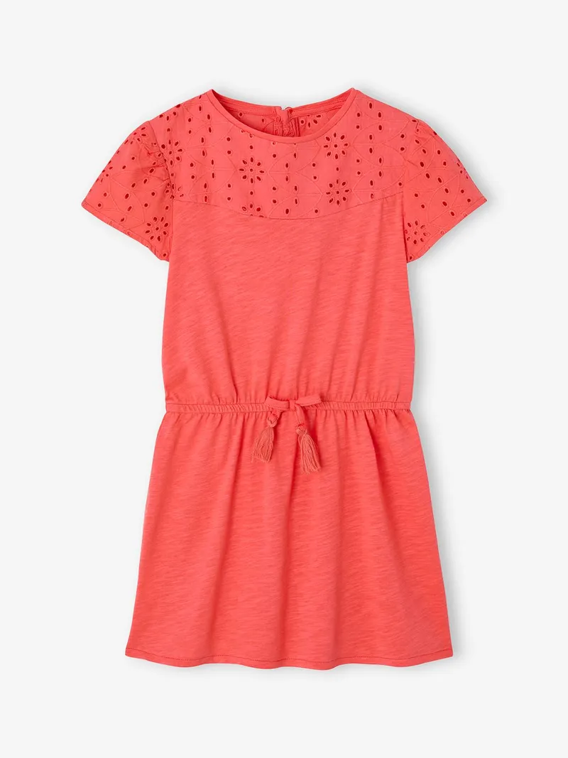 Vertbaudet Mädchen Kleid mit Lochstickerei, Koralle, – Produktbild 1 von 3