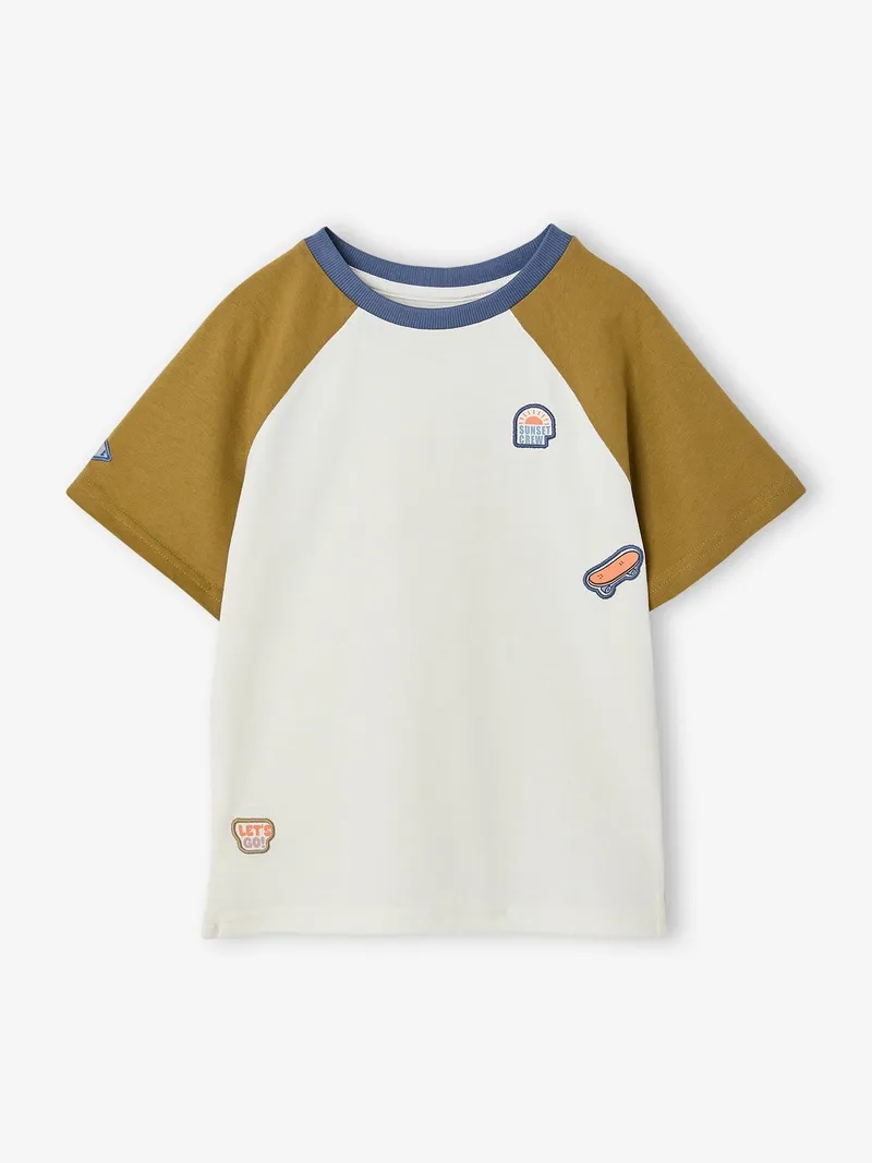 Vertbaudet T-Shirt mit Raglanärmeln und Badges Jungen, Khaki, – Produktbild 3 von 3