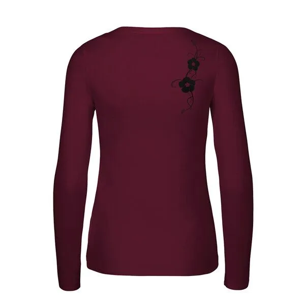 HANDGEDRUCKT HANDGEDRUCKT "Hibisken" Frauen Longsleeve aus reiner Biobaumwolle (kbA), Bordeaux, – Produktbild 2 von 3