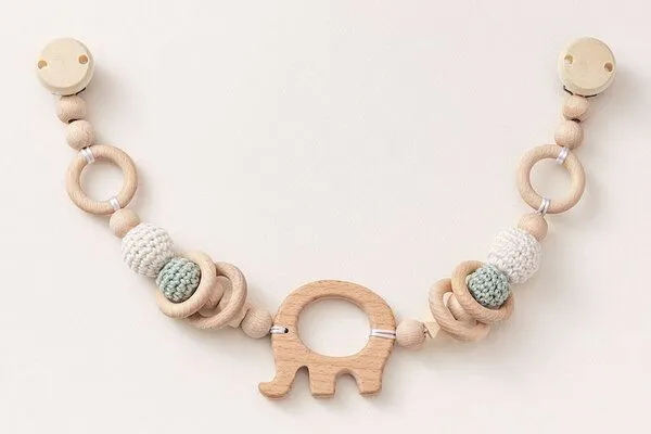 NoniKids Berlin NoniKids Berlin Kinderwagenkette Holz *Elefant* 4 Farben | Bio Baumwolle, Mint | weiss, – Produktbild 2 von 4