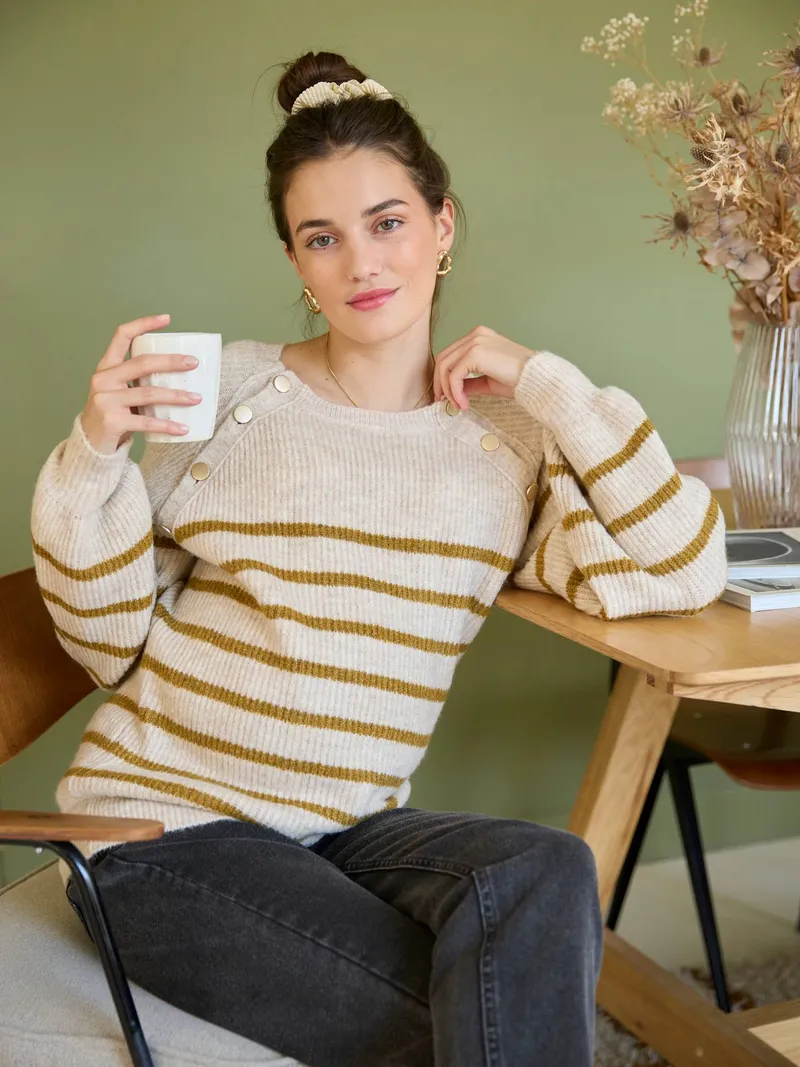 Vertbaudet Umstands-Pullover im Matrosenlook mit Stillöffnung an der Schulter, Beige meliert, – Produktbild 4 von 4