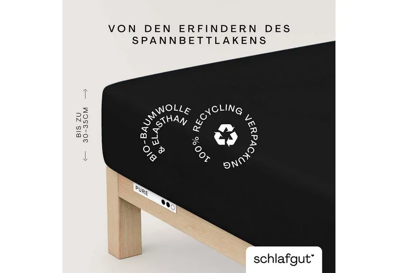 Schlafgut Schlafgut Spannbettlaken PURE Bio-Baumwolle mit Elasthan, 170 g/m², Bettlaken, Spannbetttuch, Jersey, Gummizug: rundum, (1 Stück), PREMIUM Laken für Matratzen bis 30cm Höhe, dehnbar blickdicht, straff, Schwarz, – Produktbild 2 von 5