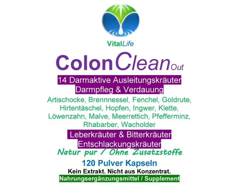 VitalLife Colon CleanOut 14 Kräuter + Bitterstoffe Komplex - Ohne Zusatzstoffe - Kapseln, 1 er Dose à 120 St., 49,8 g, Art. 26540-120 – Produktbild 2 von 5