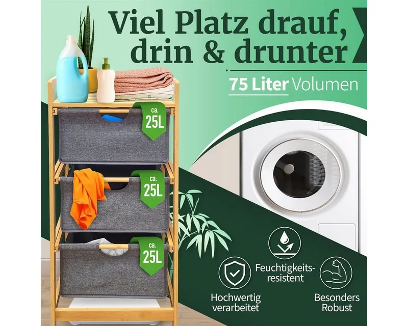 HEIMWERT Wäschekorb Wäschekorb Regal 3 Fächer Wäschesortierer Wäschesammler, 44 x 34,5 x 96 cm groß für Badezimmer und Schlafzimmer, Grau, – Produktbild 4 von 5