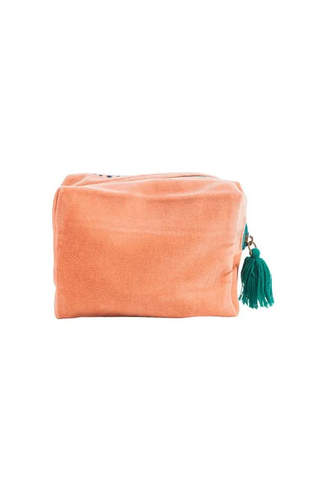 Tranquillo Tranquillo Kosmetiktasche Klein aus Bio-Baumwolle VELVET LEAVES 16x12x7 cm mit Reißverschluss, Samtige Oberfläche mit floraler Stickerei und Quaste, Orange|rosa, – Produktbild 2 von 5
