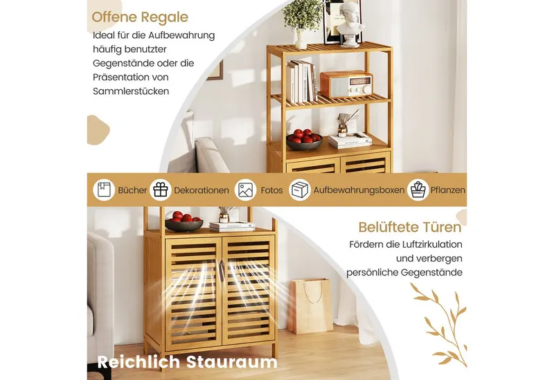COSTWAY COSTWAY Bücherregal Bambus mit Lamellentüren, Vorratsschrank 60x33x116cm, Standregal, Beige, – Produktbild 4 von 5