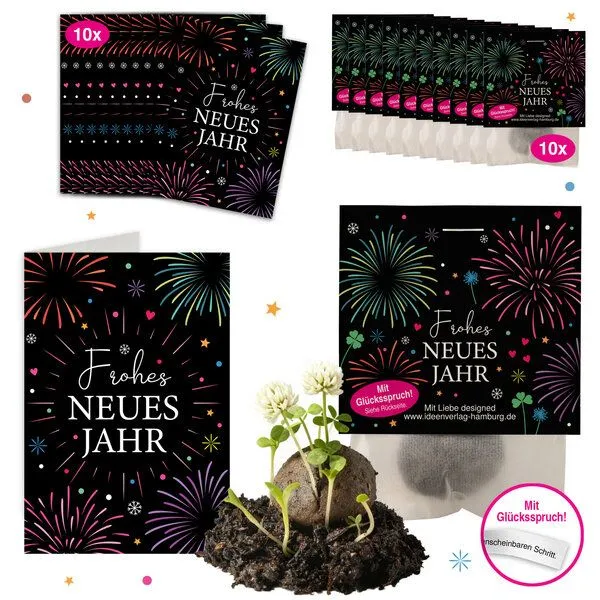Ideenverlag Hamburg Ideenverlag Hamburg 10 „Silvester“ Klee-Samenbomben mit Glücksspruch & 10 Geschenkkarten „Frohes Neues Jahr“ – Produktbild 2 von 4