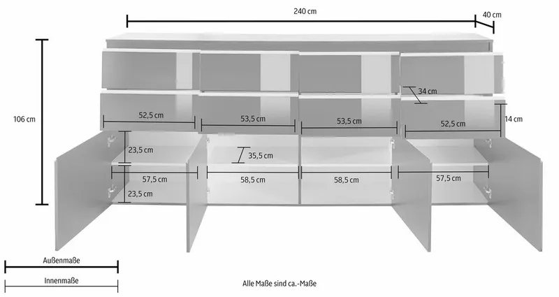 Home affaire Highboard Magic, Highboard, Hochschrank, Hochkommode, mit 4 Türen und 8 Schubkästen, Hochglanz lackiert, Breite 240cm, Weiß, – Produktbild 4 von 5