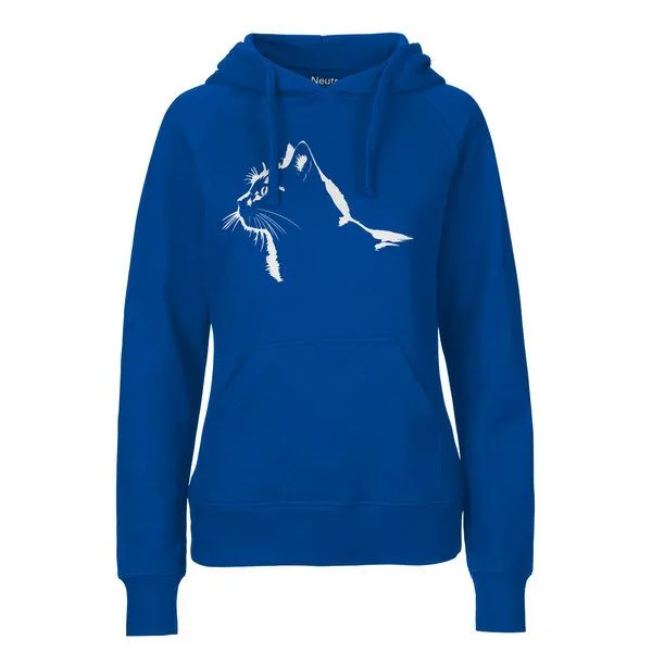HANDGEDRUCKT HANDGEDRUCKT "Stubentiger" Frauen Hoody aus reiner Biobaumwolle (kbA), Royalblau, – Produktbild 1 von 4