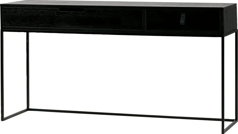 WOOOD Konsolentisch Silas FSC®-Eschenholz gebürstet Metallgestell, H 74 x B 140 x T 40 cm, Mit Griffaussparung und Ledergriff, sichtbare Maserung, pfleigleicht, Schwarz, – Produktbild 4 von 5