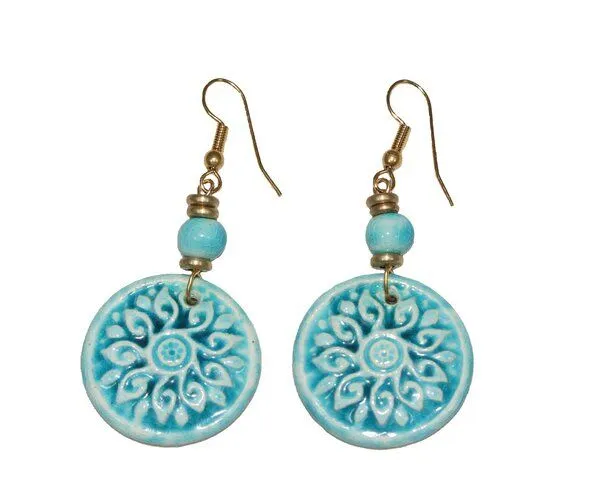 Schönes aus Indochina Schönes aus Indochina Schmuck Ohrringe aus Keramik Lotus, Blume und Fächer, Türkis, – Produktbild 4 von 5