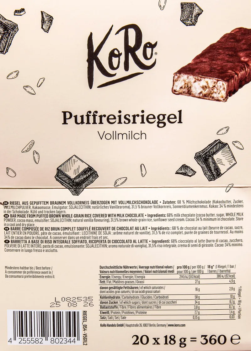 KoRo Puffreisriegel in Vollmilchschokolade 20 x 18 g – Produktbild 4 von 4
